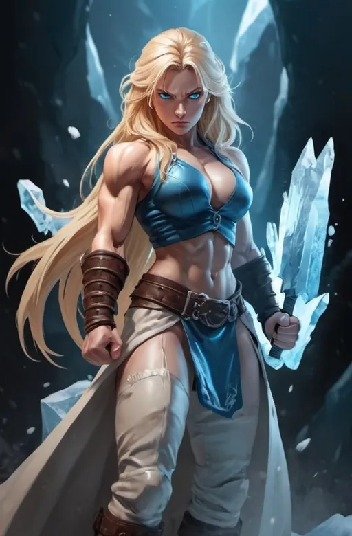 Prompt: Female figure. Greater bicep definition. Sharper, clearer blue eyes. Nosebleed. Long Blonde hair flapping. Frostier, glacier effects. Fierce combat stance. Raging Fists. Icy Knuckles.