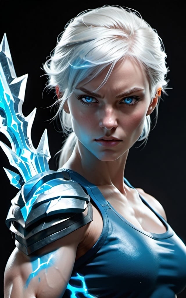 Prompt: Female figure. Greater bicep definition. Sharper, clearer blue eyes.  Frostier, glacier effects. Fierce combat stance. 