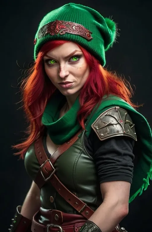 Prompt: Evil red-haired warrior woman, wearing a green beanie and a mischievous smirk. Carmine red eyes. Carries daggers. 