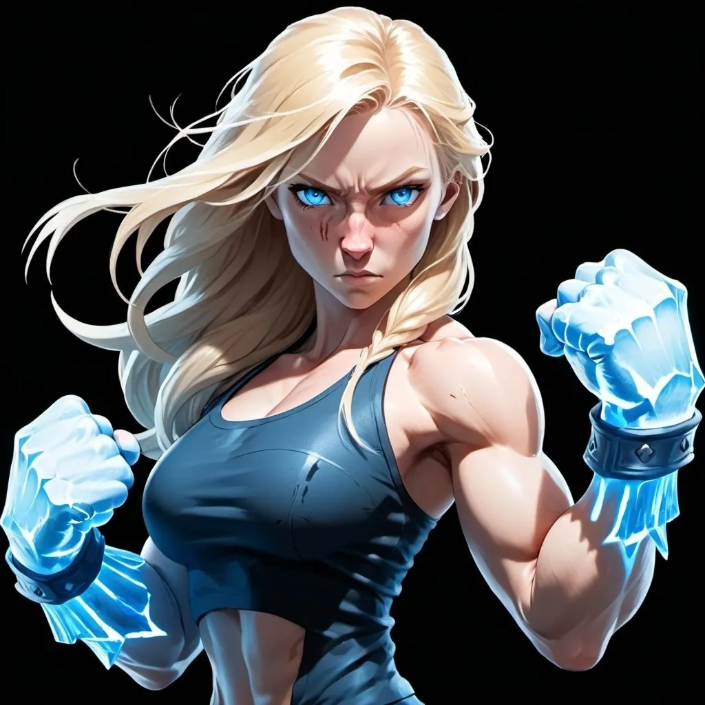 Prompt: Female figure. Greater bicep definition. Sharper, clearer blue eyes. Nosebleed. Long Blonde hair flapping. Frostier, glacier effects. Fierce combat stance. Raging Fists. Icy Knuckles. 