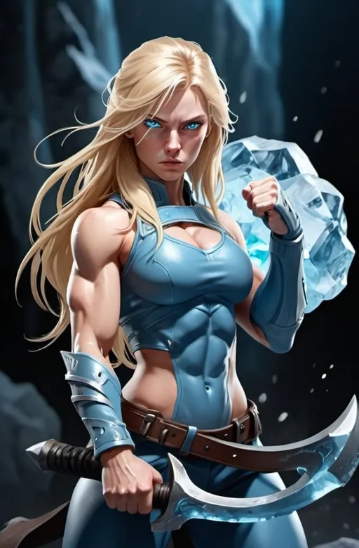 Prompt: Female figure. Greater bicep definition. Sharper, clearer blue eyes. Nosebleed. Long Blonde hair flapping. Frostier, glacier effects. Fierce combat stance. Icy Knuckles. 