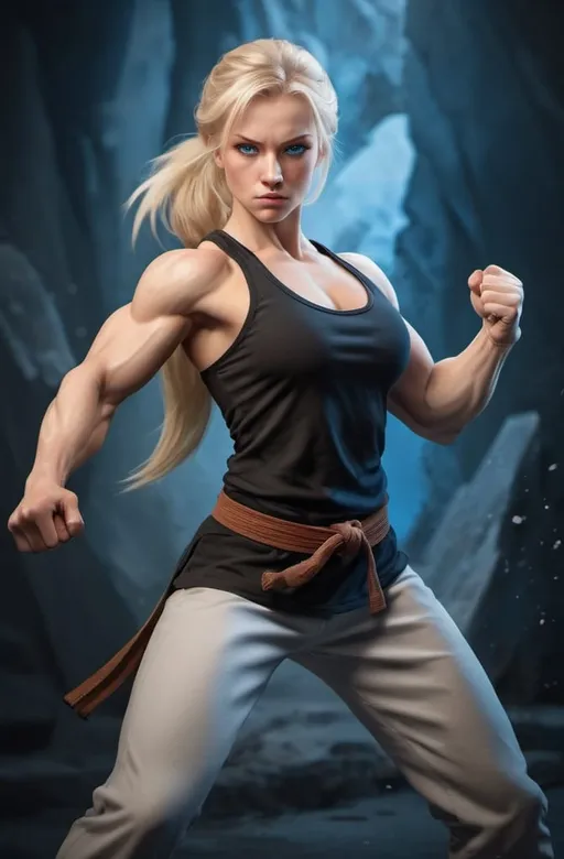 Prompt: Female figure. Greater bicep definition. Sharper, clearer blue eyes. Blonde hair flapping. Frostier, glacier effects. Fierce combat stance. Martial artist. 