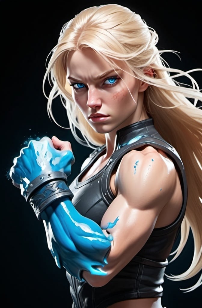 Prompt: Female figure. Greater bicep definition. Sharper, clearer blue eyes. Bleeding. Long Blonde hair flapping. Frostier, glacier effects. Fierce combat stance. Icy Knuckles.