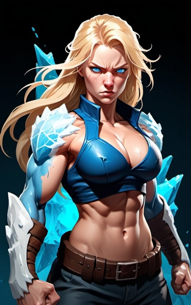 Prompt: Female figure. Greater bicep definition. Sharper, clearer blue eyes. Nosebleed. Long Blonde hair flapping. Frostier, glacier effects. Fierce combat stance. Raging Fists. Icy Knuckles. 