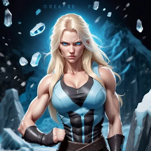 Prompt: Female figure. Greater bicep definition. Sharper, clearer blue eyes. Nosebleed. Long Blonde hair flapping. Frostier, glacier effects. Fierce combat stance. Raging Fists. Icy Knuckles.