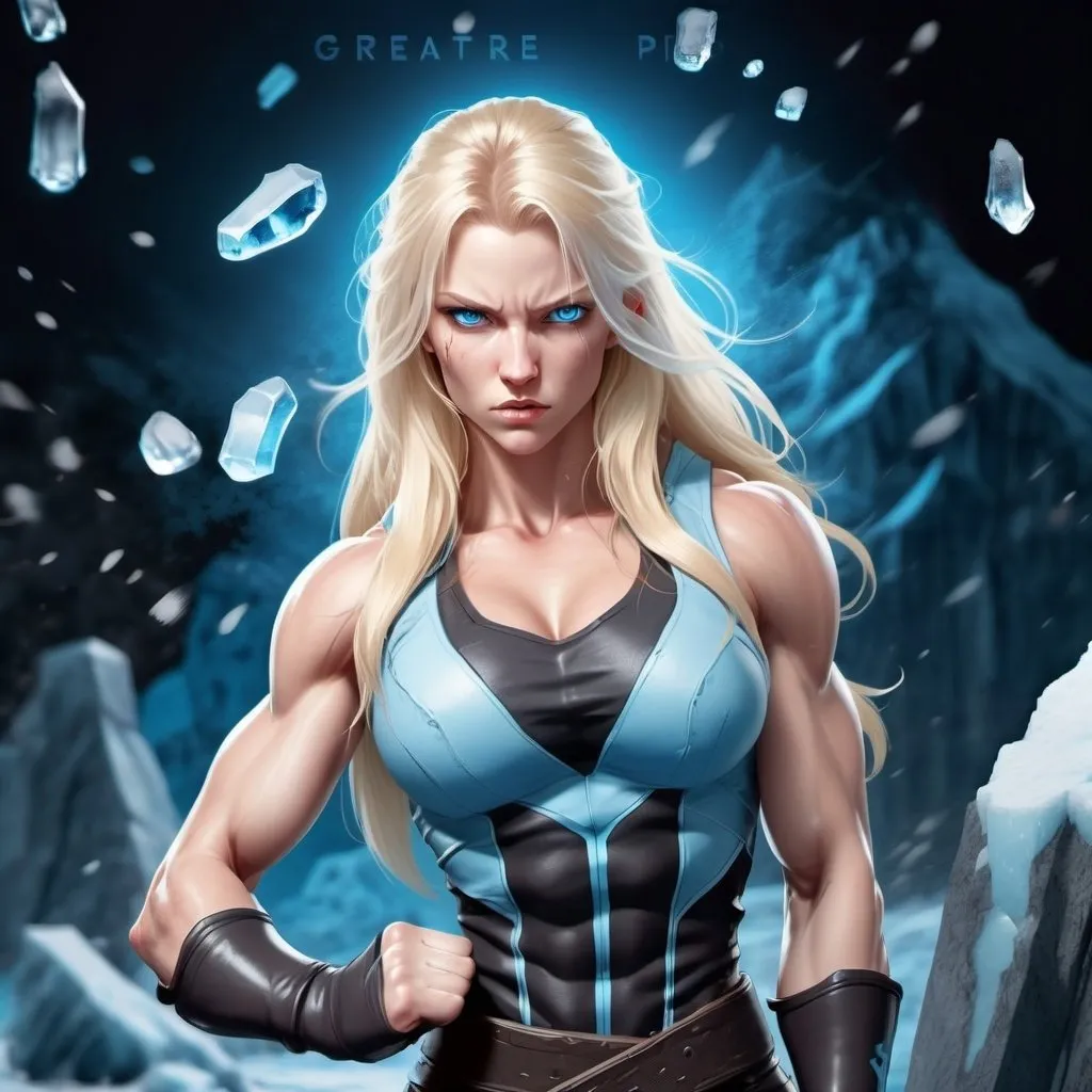 Prompt: Female figure. Greater bicep definition. Sharper, clearer blue eyes. Nosebleed. Long Blonde hair flapping. Frostier, glacier effects. Fierce combat stance. Raging Fists. Icy Knuckles.