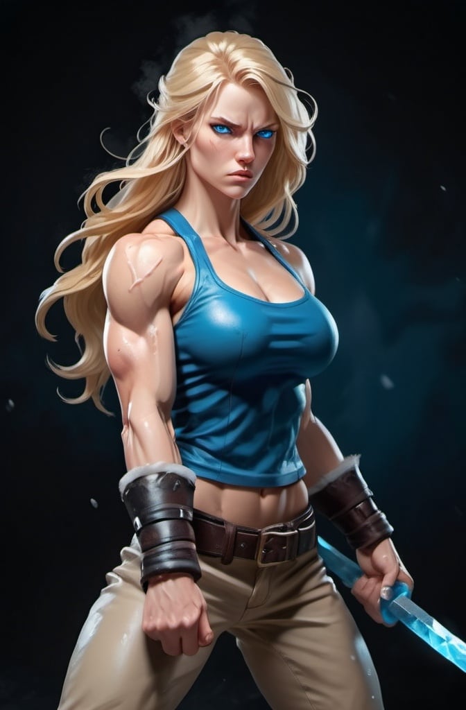 Prompt: Female figure. Greater bicep definition. Sharper, clearer blue eyes. Nosebleed. Long Blonde hair flapping. Frostier, glacier effects. Fierce combat stance. Raging Fists. Icy Knuckles.