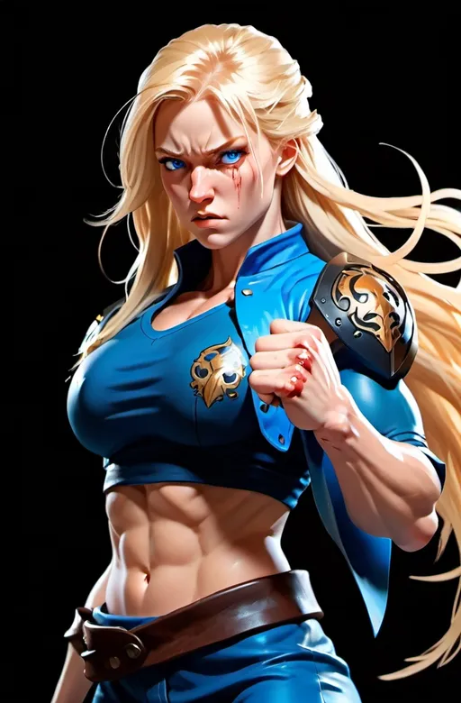 Prompt: Female figure. Greater bicep definition. Sharper, clearer blue eyes. Nosebleed. Long Blonde hair flapping. Frostier, glacier effects. Fierce combat stance. Raging Fists.