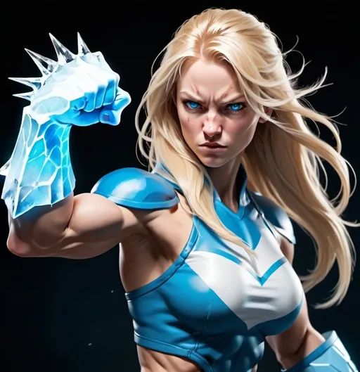 Prompt: Female figure. Greater bicep definition. Sharper, clearer blue eyes. Nosebleed. Long Blonde hair flapping. Frostier, glacier effects. Fierce combat stance. Raging Fists. Icy Knuckles. 