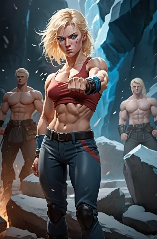 Prompt: Female figure. Greater bicep definition. Sharper, clearer blue eyes. Nose bleed. Blonde hair flapping. Frostier, glacier effects. Fierce combat stance. Raging Fists. 