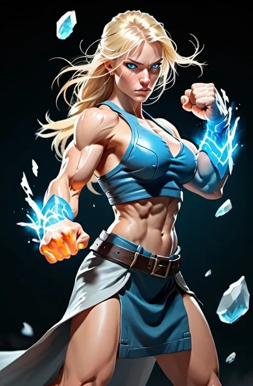 Prompt: Female figure. Greater bicep definition. Sharper, clearer blue eyes. Long Blonde hair flapping. Frostier, glacier effects. Fierce combat stance. Raging Fists.