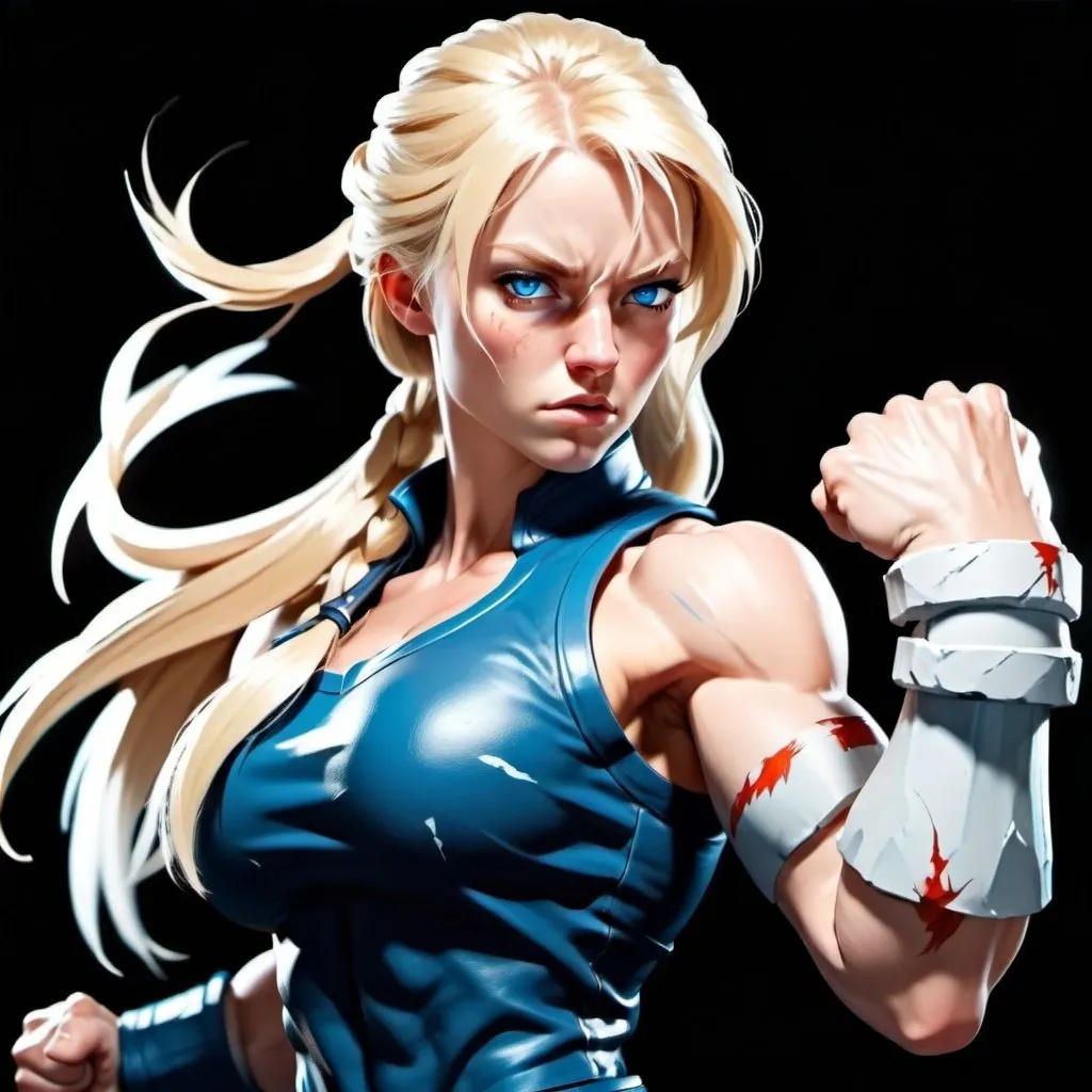 Prompt: Female figure. Greater bicep definition. Sharper, clearer blue eyes. Long Blonde hair flapping. Frostier, glacier effects. Fierce combat stance. Raging Fists.