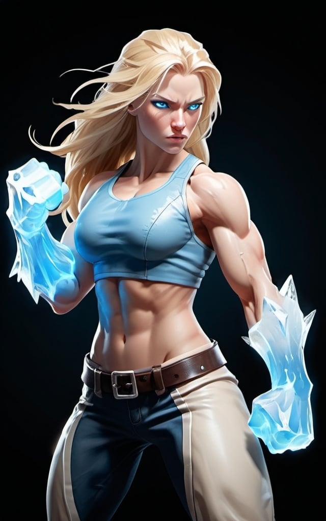 Prompt: Female figure. Greater bicep definition. Sharper, clearer blue eyes. Long Blonde hair flapping. Frostier, glacier effects. Fierce combat stance. Icy Knuckles. Raging Fists.