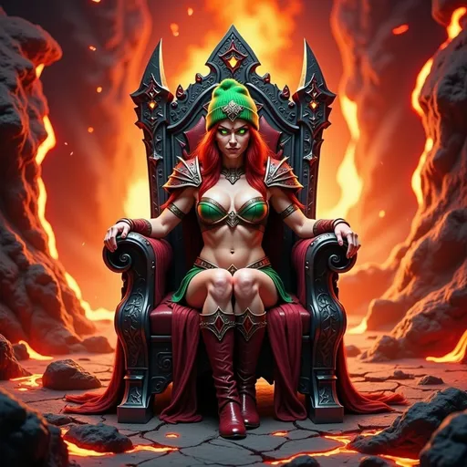 Prompt: @wbV7YKlXTFt2cBPb46HT is still on a throne, amidst a Kingdom of Lava with a crown on her head. 