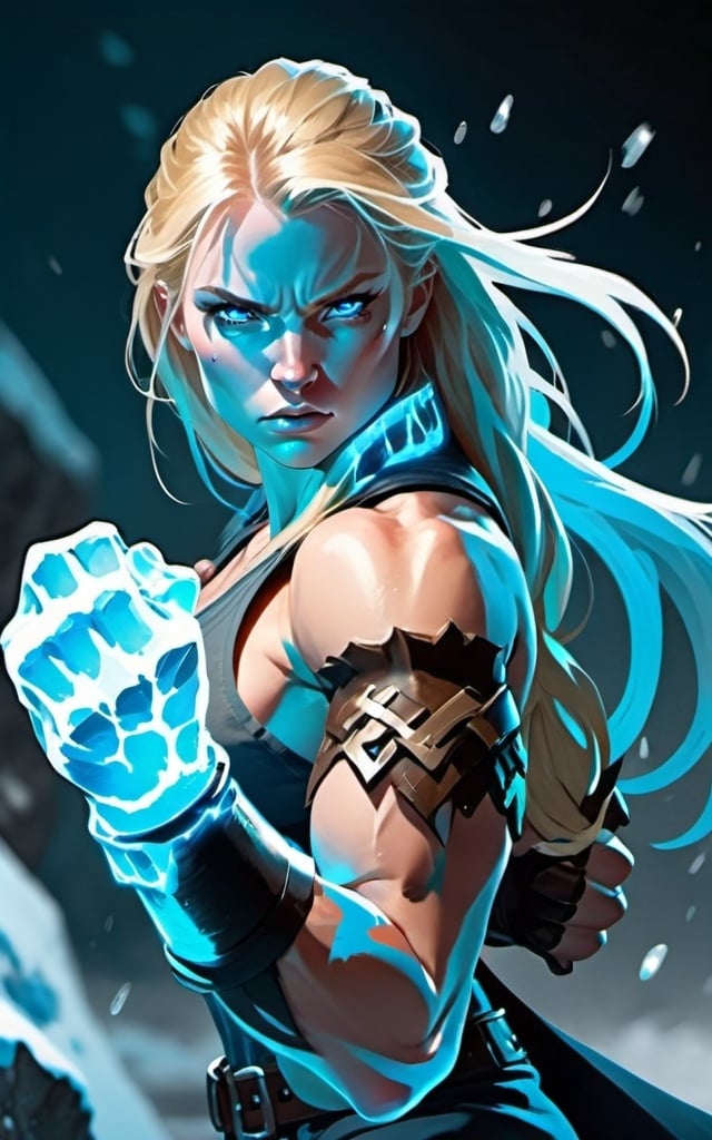 Prompt: Female figure. Greater bicep definition. Sharper, clearer blue eyes. Long Blonde hair flapping. Frostier, glacier effects. Fierce combat stance. Icy Knuckles. Raging Fists.