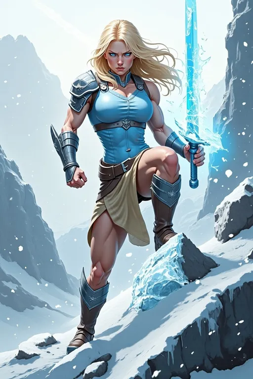 Prompt: @lbK8EQWu1r8WEqH2g1L6 A muscular female warrior wielding a shimmering sword of ice, standing in a frozen landscape. She is mid-action, gripping the icy blade with both hands, her stance powerful and determined. Her armor is sleek and metallic, reflecting cold blue and silver tones, with frost forming along the edges. Her hair flows behind her, caught in a gust of icy wind. The environment features jagged ice formations and a snow-covered ground under a pale, overcast sky. Soft blue light emanates from the sword, illuminating her focused expression. The scene is captured from a slightly low angle, emphasizing her strength and the glowing weapon, with swirling snow and icy particles adding a dynamic, wintry atmosphere.