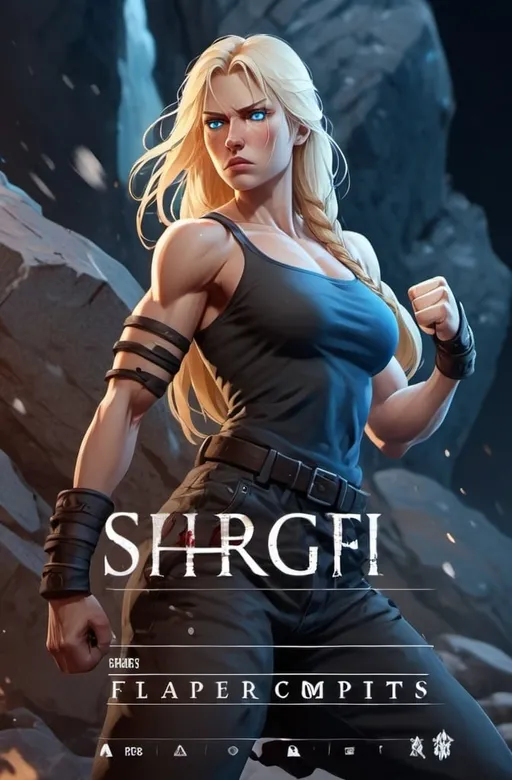 Prompt: Female figure. Greater bicep definition. Sharper, clearer blue eyes. Nosebleed. Long Blonde hair flapping. Frostier, glacier effects. Fierce combat stance. Raging Fists.