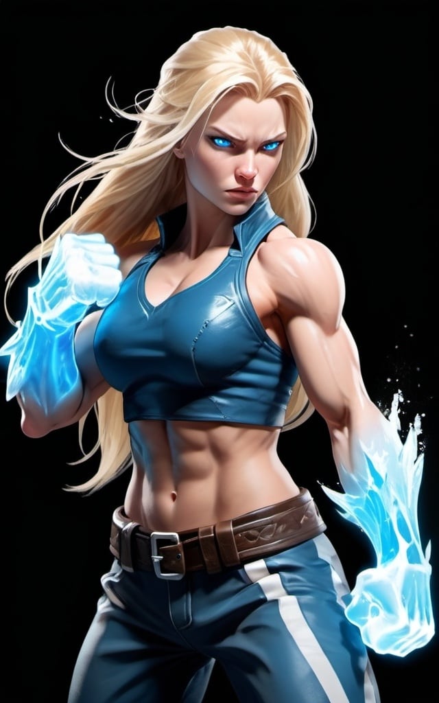 Prompt: Female figure. Greater bicep definition. Sharper, clearer blue eyes. Long Blonde hair flapping. Frostier, glacier effects. Fierce combat stance. Icy Knuckles. Raging Fists.