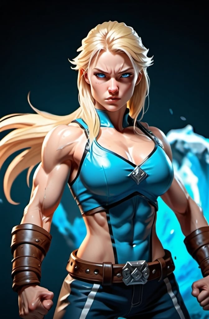 Prompt: Female figure. Greater bicep definition. Sharper, clearer blue eyes. Long Blonde hair flapping. Frostier, glacier effects. Fierce combat stance. Icy Knuckles. Raging Fists.