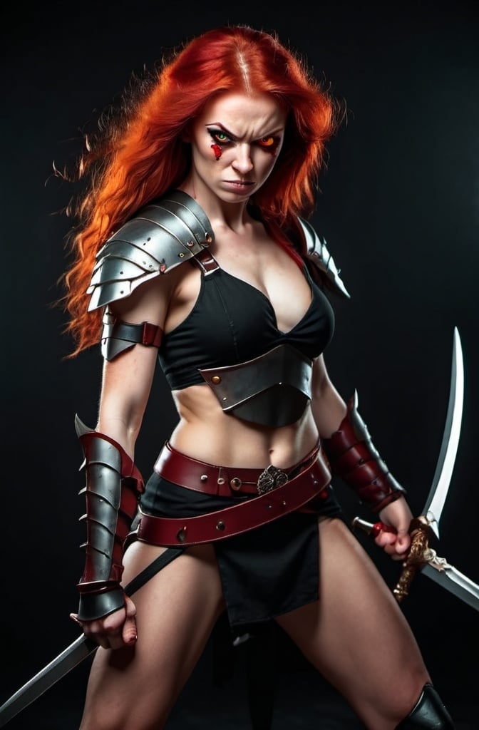 Prompt: Evil red-haired warrior woman with a mischievous smirk. Carmine, red eyes. Fierce combat stance.