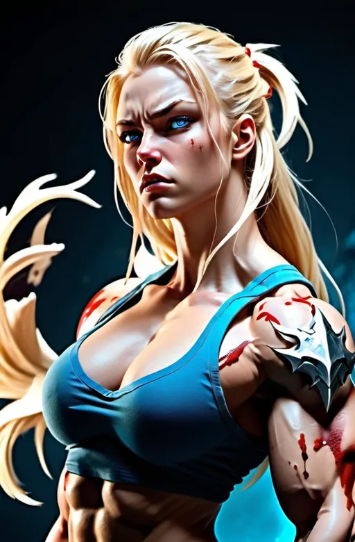 Prompt: Female figure. Greater bicep definition. Sharper, clearer blue eyes. Nosebleed. Long Blonde hair flapping. Frostier, glacier effects. Fierce combat stance. Enraged. 