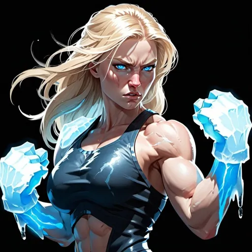 Prompt: Female figure. Greater bicep definition. Sharper, clearer blue eyes. Nosebleed. Long Blonde hair flapping. Frostier, glacier effects. Fierce combat stance. Icy Knuckles. Enraged.