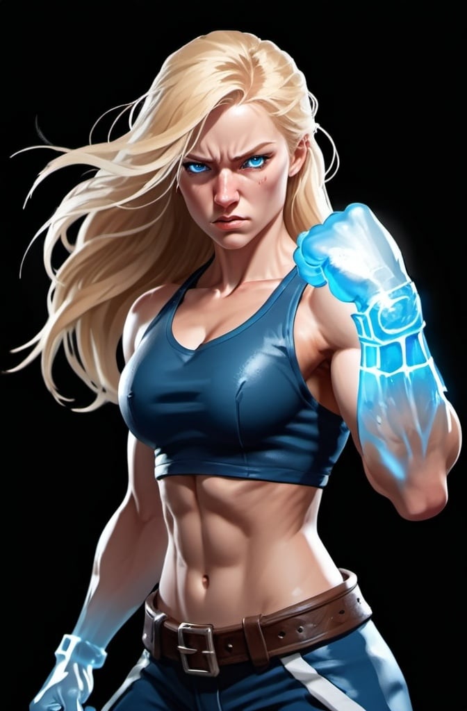 Prompt: Female figure. Greater bicep definition. Sharper, clearer blue eyes. Nosebleed. Long Blonde hair flapping. Frostier, glacier effects. Fierce combat stance. Raging Fists. Icy Knuckles. 