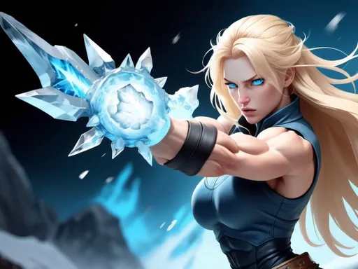 Prompt: Female figure. Greater bicep definition. Sharper, clearer blue eyes. Nosebleed. Long Blonde hair flapping. Frostier, glacier effects. Fierce combat stance. Raging Fists. Icy Knuckles.