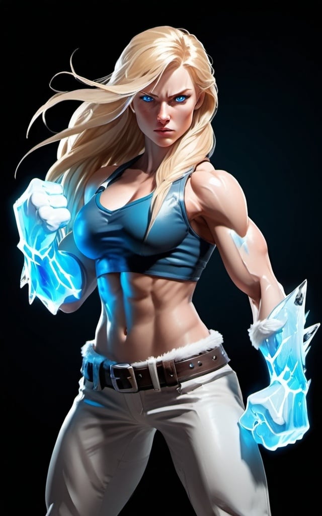 Prompt: Female figure. Greater bicep definition. Sharper, clearer blue eyes. Long Blonde hair flapping. Frostier, glacier effects. Fierce combat stance. Icy Knuckles. Raging Fists.