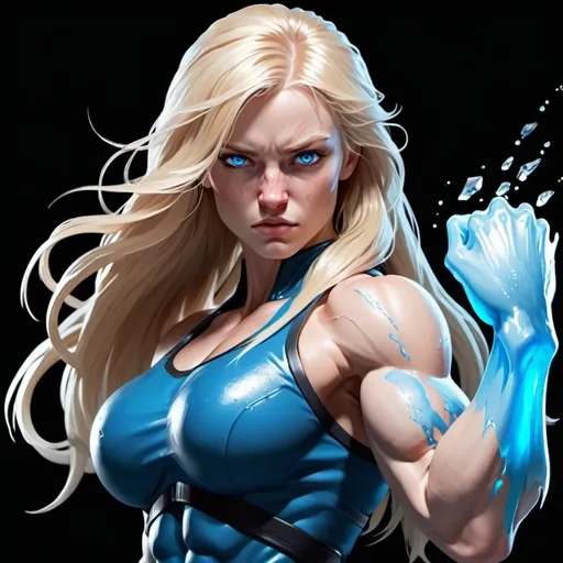 Prompt: Female figure. Greater bicep definition. Sharper, clearer blue eyes. Bleeding. Long Blonde hair flapping. Frostier, glacier effects. Fierce combat stance. Icy Knuckles. 