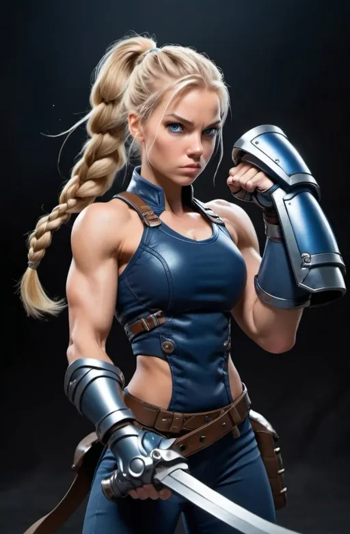 Prompt: Female figure. Greater bicep definition. Dark Blue eyes. Blonde braided ponytail. Fierce combat stance. Raging Gravity-powered Gauntlets. 