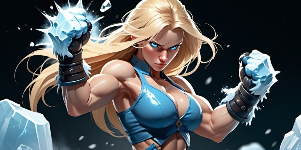 Prompt: Female figure. Greater bicep definition. Sharper, clearer blue eyes. Nosebleed. Long Blonde hair flapping. Frostier, glacier effects. Fierce combat stance. Raging Fists. Icy Knuckles. 