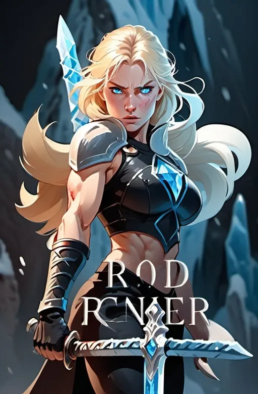 Prompt:  Female figure. Greater bicep definition. Sharper, clearer blue eyes. Blonde hair flapping. Nosebleed. Frostier, glacier effects. Fierce combat stance. Holding an Ice sword.