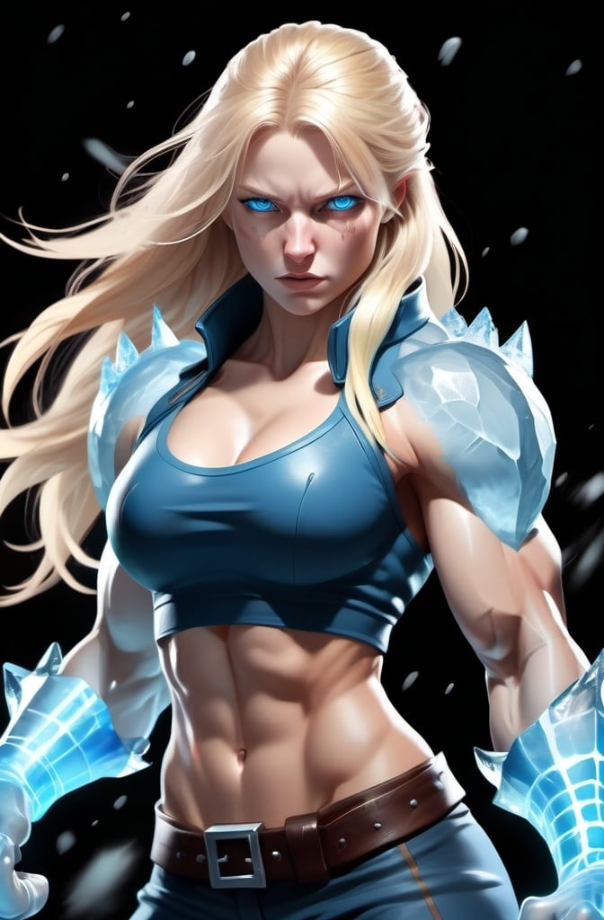 Prompt: Female figure. Greater bicep definition. Sharper, clearer blue eyes. Nosebleed. Long Blonde hair flapping. Frostier, glacier effects. Fierce combat stance. Raging Fists. Icy Knuckles.