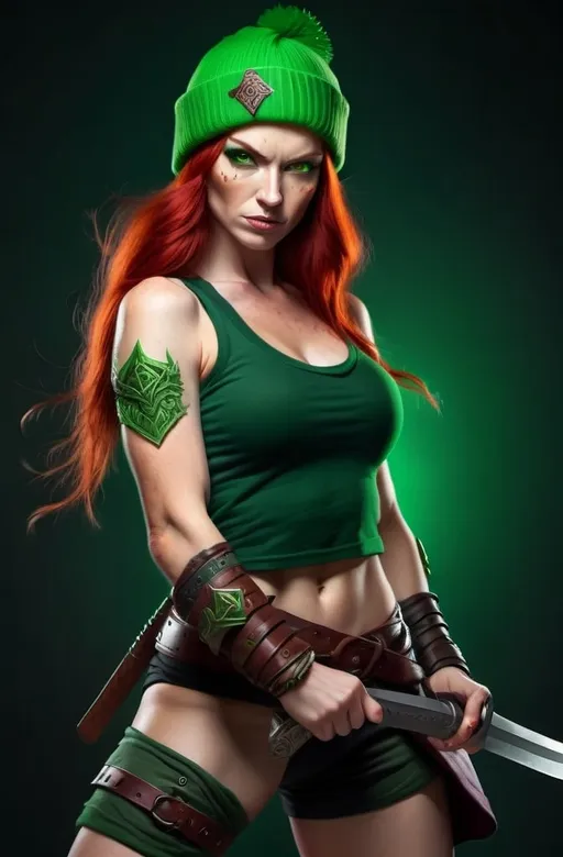 Prompt:  Evil red-haired warrior woman, wearing a green beanie and a mischievous smirk. Green eyes. Fierce combat stance. 