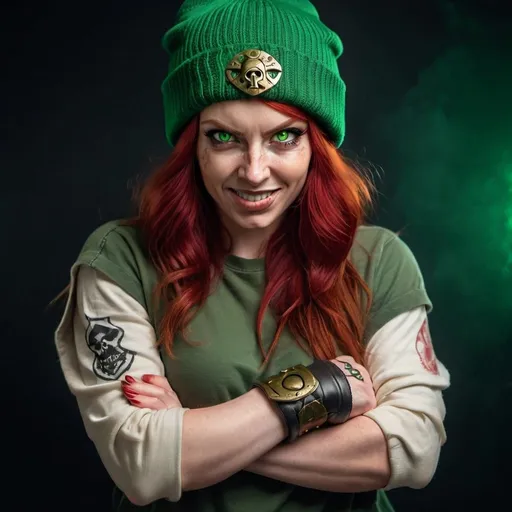 Prompt: Evil red-haired warrior woman, wearing a green beanie and a mischievous smirk. Carmine, red eyes. Fierce combat stance. Brass Knuckles. 