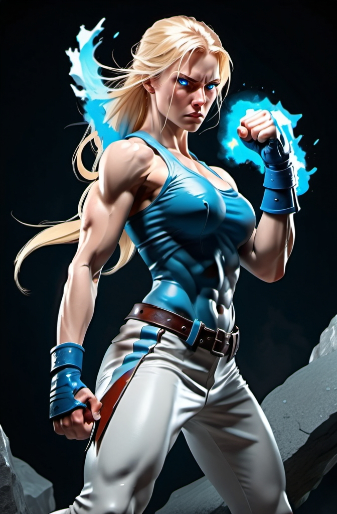 Prompt: Female figure. Greater bicep definition. Sharper, clearer blue eyes. Bleeding. Long Blonde hair flapping. Frostier, glacier effects. Fierce combat stance. Raging Fists.