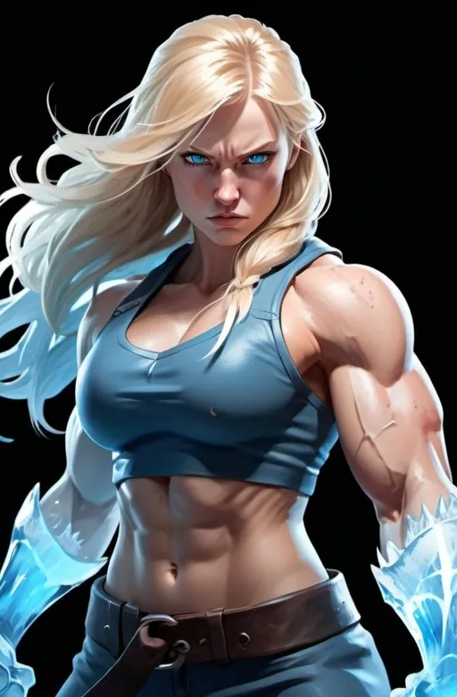 Prompt: Female figure. Greater bicep definition. Sharper, clearer blue eyes. Nosebleed. Long Blonde hair flapping. Frostier, glacier effects. Fierce combat stance. Raging Fists. Icy Knuckles.