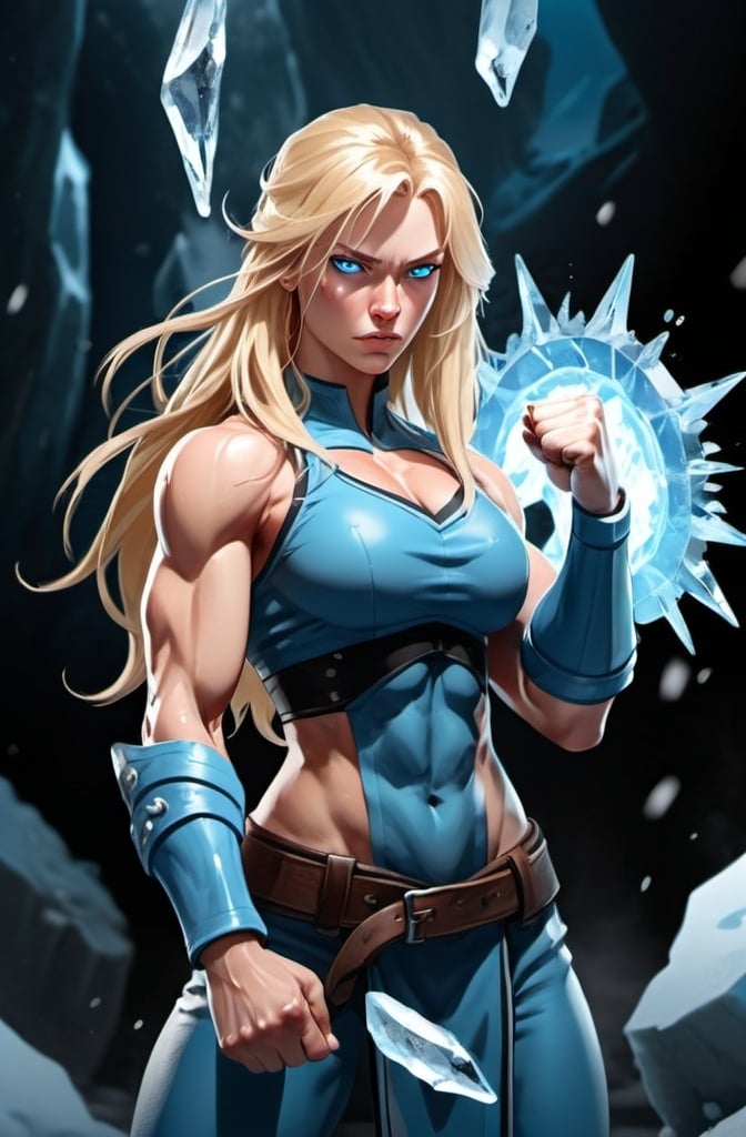 Prompt: Female figure. Greater bicep definition. Sharper, clearer blue eyes. Nosebleed. Long Blonde hair flapping. Frostier, glacier effects. Fierce combat stance. Raging Fists. Icy Knuckles. 