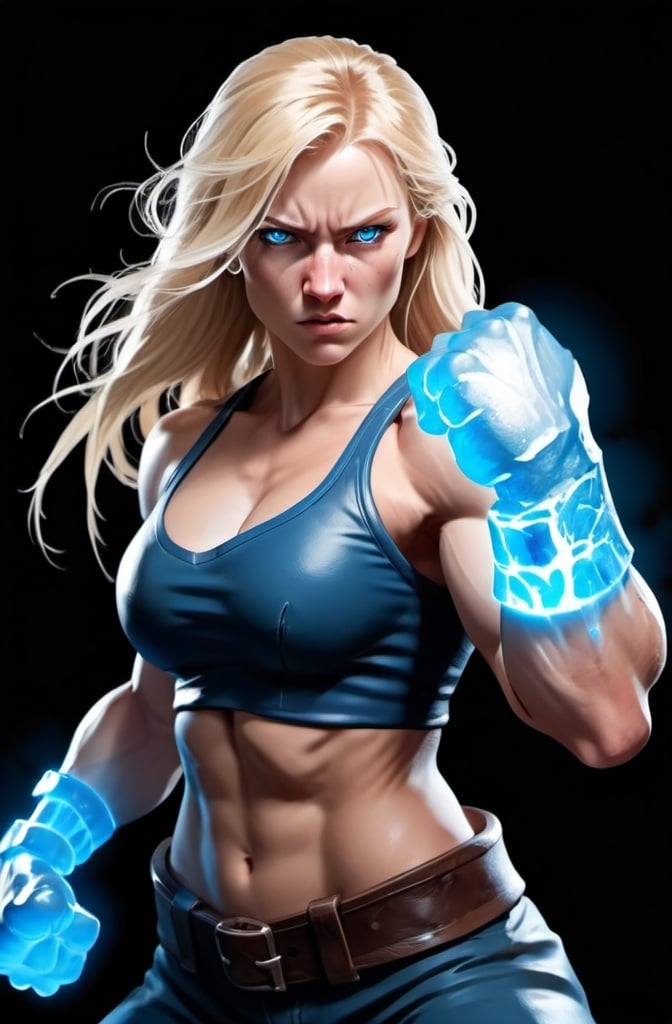 Prompt: Female figure. Greater bicep definition. Sharper, clearer blue eyes. Nosebleed. Long Blonde hair flapping. Frostier, glacier effects. Fierce combat stance. Raging Fists. Icy Knuckles. 