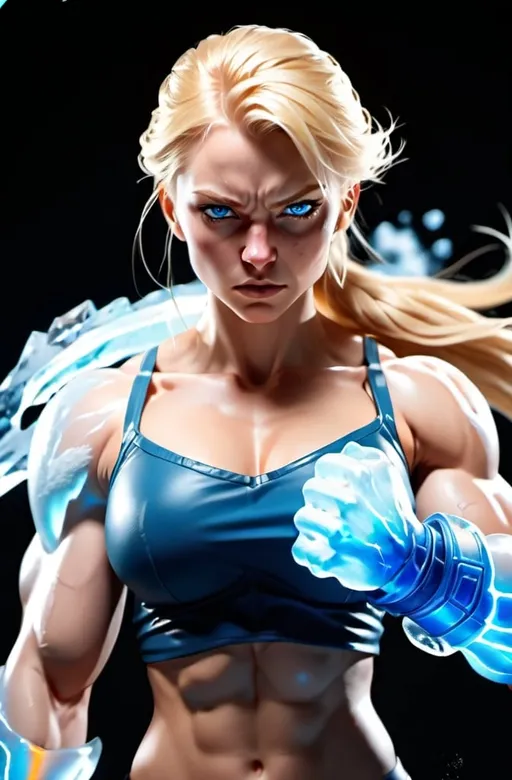 Prompt: Female figure. Greater bicep definition. Sharper, clearer blue eyes. Nosebleed. Long Blonde hair flapping. Frostier, glacier effects. Fierce combat stance. Icy Knuckles.