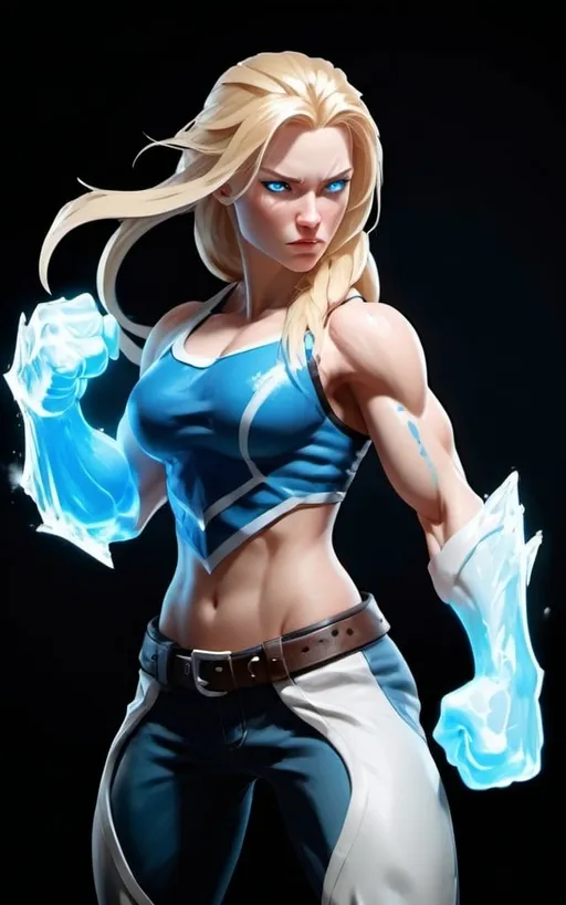 Prompt: Female figure. Greater bicep definition. Sharper, clearer blue eyes. Long Blonde hair flapping. Frostier, glacier effects. Fierce combat stance. Icy Knuckles. Raging Fists.