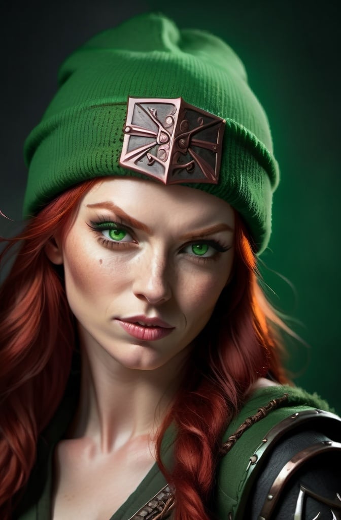 Prompt:  Evil red-haired warrior woman, wearing a green beanie and a mischievous smirk. Green eyes. Fierce combat stance. She is sitting on a Throne. 