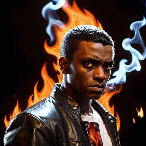 Prompt: Male Figure. Small black man. Short black hair. Dark eyes. Psychotic. Sinister glare. Clean shaven. Fire effects. Wearing a leather jacket. Standing with arms crossed. Flames in the background. 