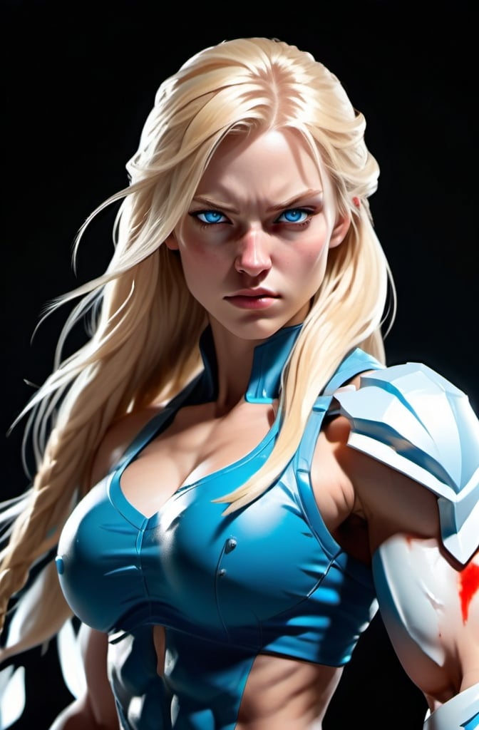 Prompt: Female figure. Greater bicep definition. Sharper, clearer blue eyes. Nosebleed. Long Blonde hair flapping. Frostier, glacier effects. Fierce combat stance. Icy Knuckles.