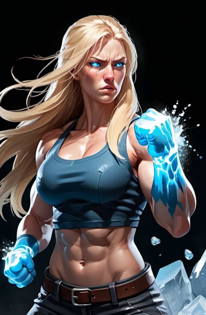 Prompt: Female figure. Greater bicep definition. Sharper, clearer blue eyes. Nosebleed. Long Blonde hair flapping. Frostier, glacier effects. Fierce combat stance. Raging Fists. Icy Knuckles. Wearing Pants. 