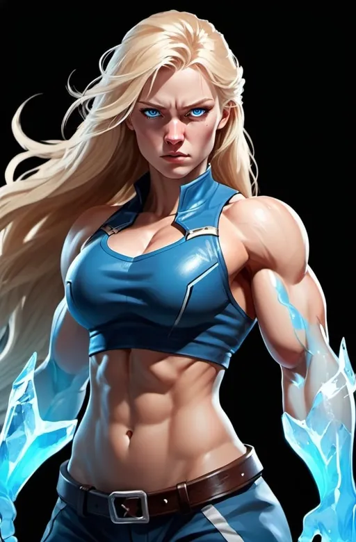 Prompt: Female figure. Greater bicep definition. Sharper, clearer blue eyes. Nosebleed. Long Blonde hair flapping. Frostier, glacier effects. Fierce combat stance. Icy Knuckles. 