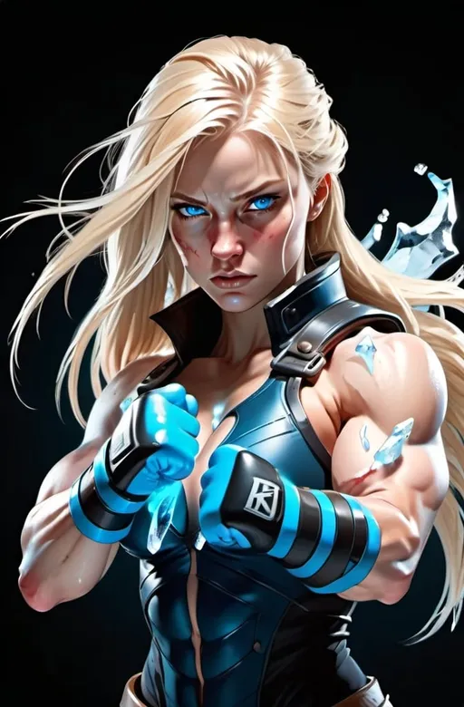 Prompt: Female figure. Greater bicep definition. Sharper, clearer blue eyes. Bleeding. Long Blonde hair flapping. Frostier, glacier effects. Fierce combat stance. Icy Knuckles.