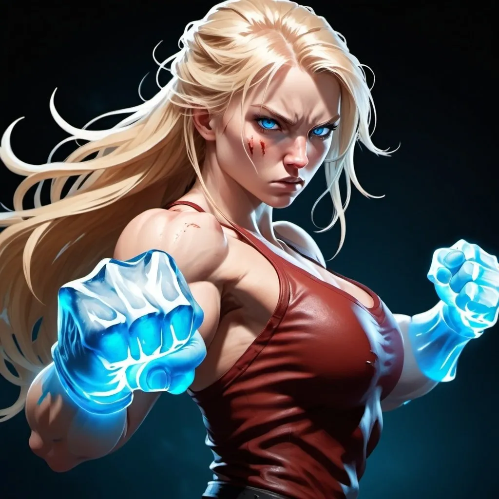 Prompt: Female figure. Greater bicep definition. Sharper, clearer blue eyes. Bleeding. Long Blonde hair flapping. Frostier, glacier effects. Fierce combat stance. Raging Fists. Icy Knuckles. 