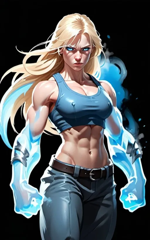 Prompt: Female figure. Greater bicep definition. Sharper, clearer blue eyes. Nosebleed. Long Blonde hair flapping. Frostier, glacier effects. Fierce combat stance. Icy Knuckles. Mist